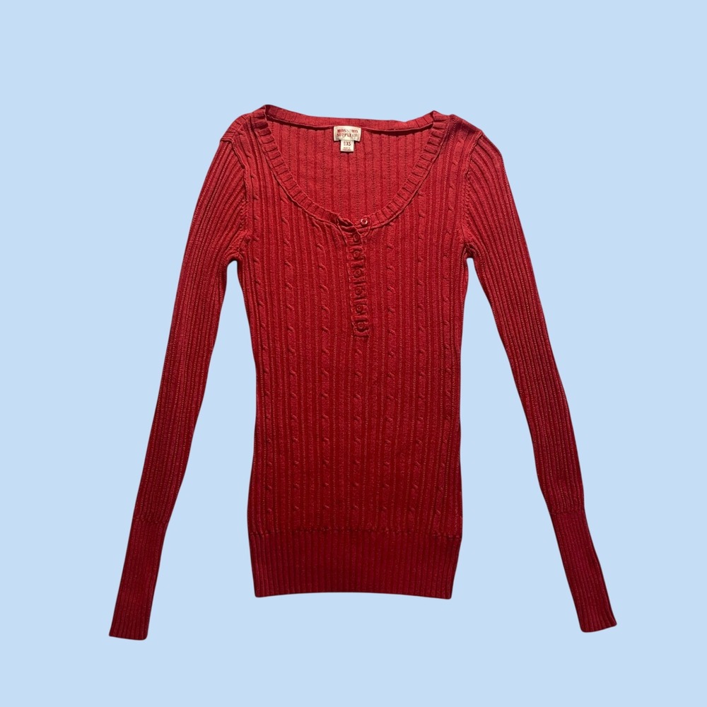 Y2K Red Cable Knit Henley Long Sleeve Scoop Neck Top XS by Mossimo Supply Co